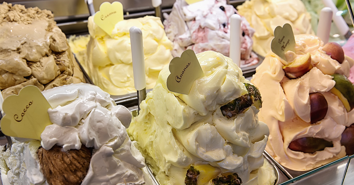 Gelato flavours in a Gelateria