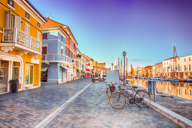 Ancient houses on Leonardesque Canal Port in Cesenatico in Emilia-Romagna, Italy