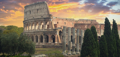 the colosseum at dusk with cyprus trees